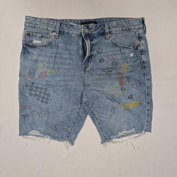 Coca-Cola Aero Shorts Mens 33 Blue Denim Distressed Graffiti Logo - Picture 1 of 16